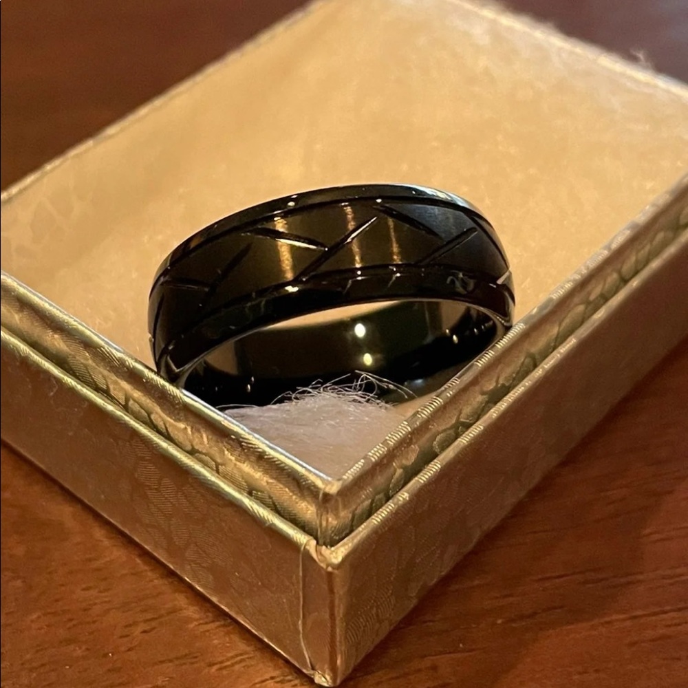 Black diamond cut tungsten mens ring
